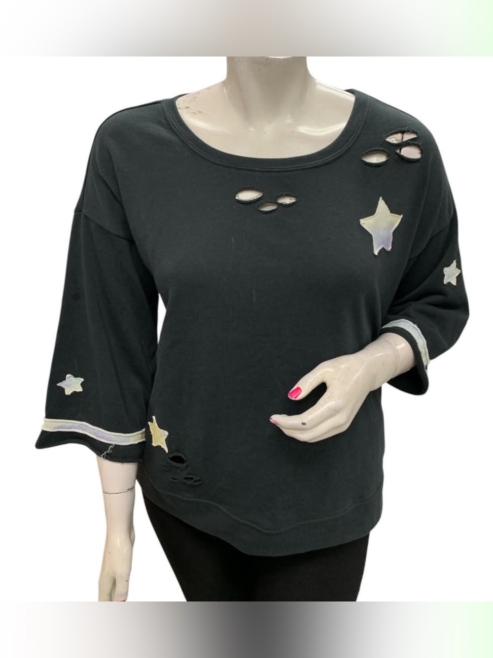 Cato Black Scoop Neck Star Appliqué Distressed Sweatshirt Size L